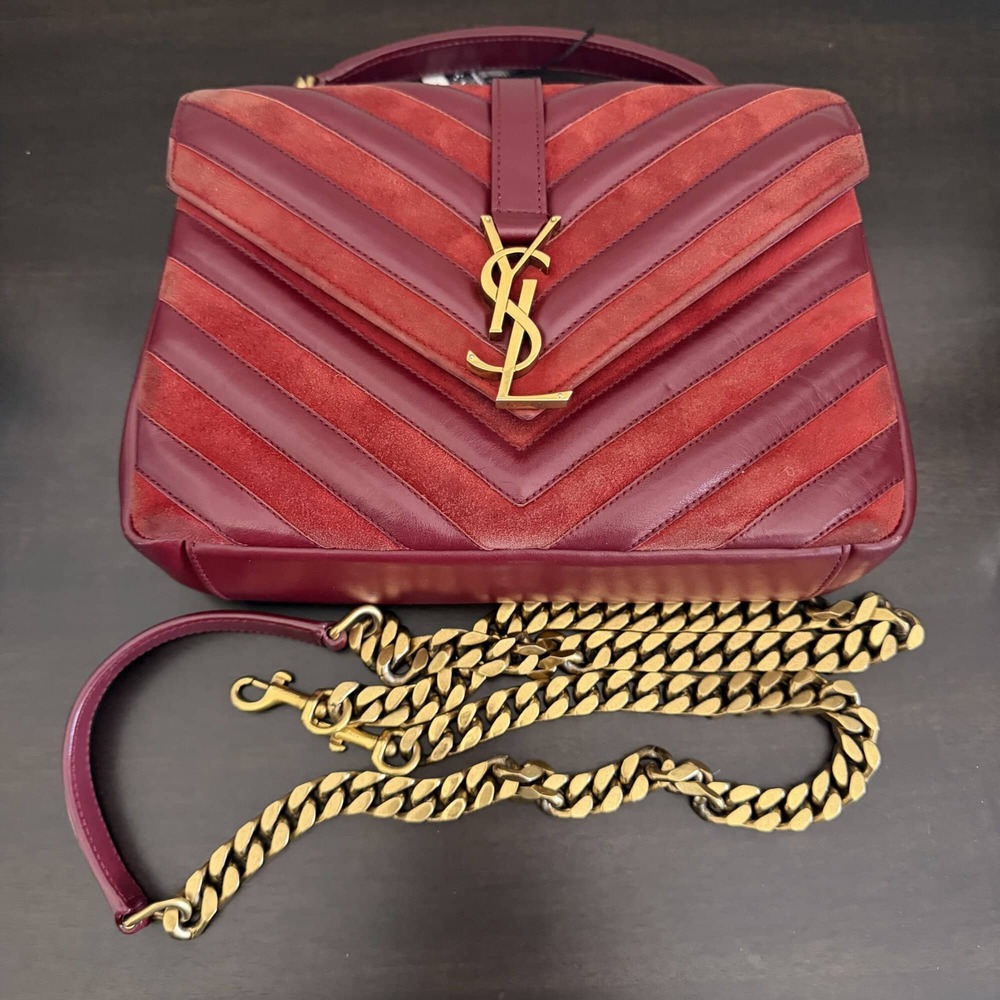 Saint Laurent Matelasse Chevron Monogram College Bag in burgundy/red